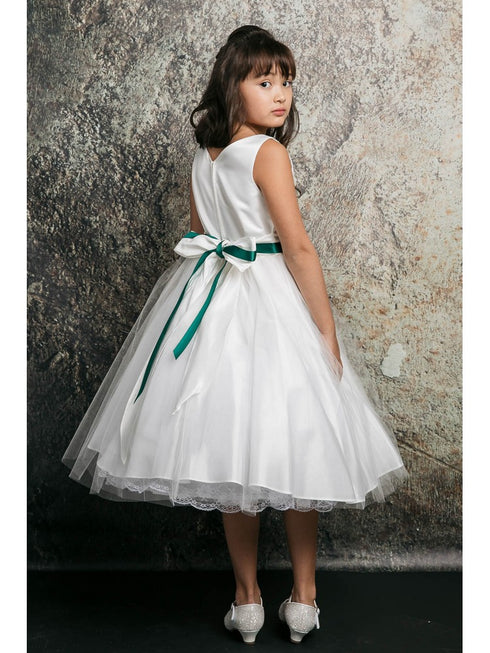 Petite Adele Big Girls Ivory Emerald Rhinestone Satin Tape Sash Waist Dress 8-16 - SophiasStyle.com